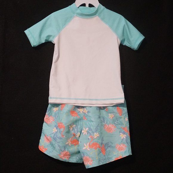 Tommy Bahama Swim Set Teal White with Flamingo Print Boys Size 2T